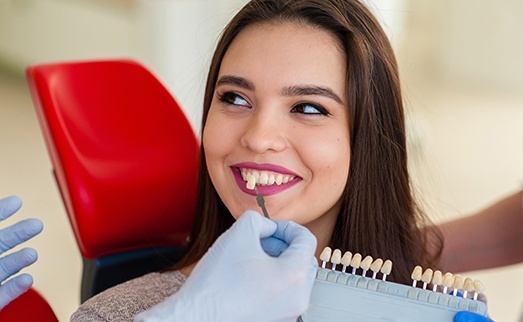 Woman's smile compared with tooth color chart